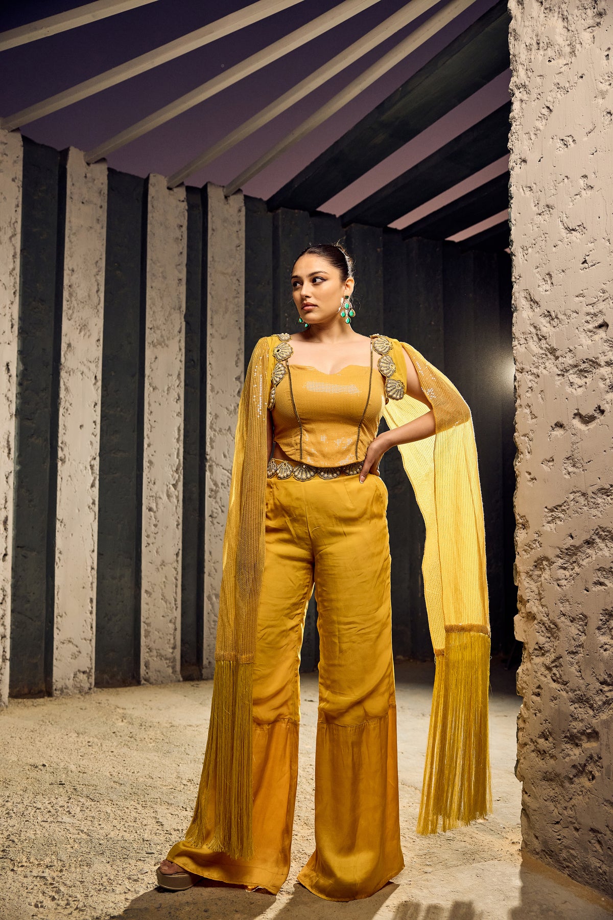 YELLOW CORSET WITH SATIN PANTS  AND SHORT SHRUG -   SOT 12