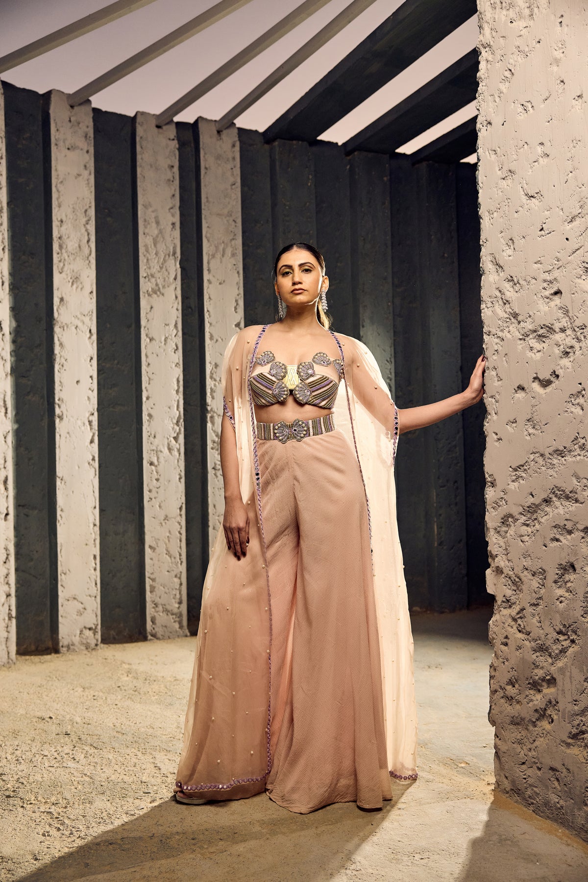 NUDE  BUSTIER WITH SEQ.FABRIC FLARE PANTS WITH ORGANZA SHRUG  -   SOT 14