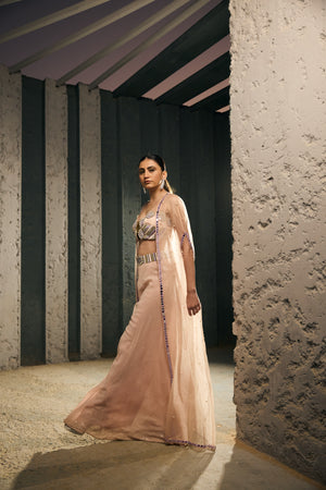 NUDE  BUSTIER WITH SEQ.FABRIC FLARE PANTS WITH ORGANZA SHRUG  -   SOT 14