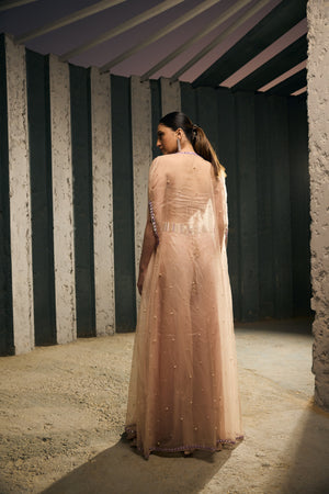 NUDE  BUSTIER WITH SEQ.FABRIC FLARE PANTS WITH ORGANZA SHRUG  -   SOT 14