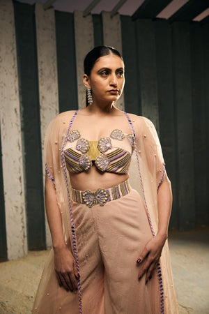 NUDE  BUSTIER WITH SEQ.FABRIC FLARE PANTS WITH ORGANZA SHRUG  -   SOT 14