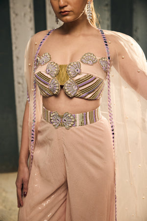 NUDE  BUSTIER WITH SEQ.FABRIC FLARE PANTS WITH ORGANZA SHRUG  -   SOT 14