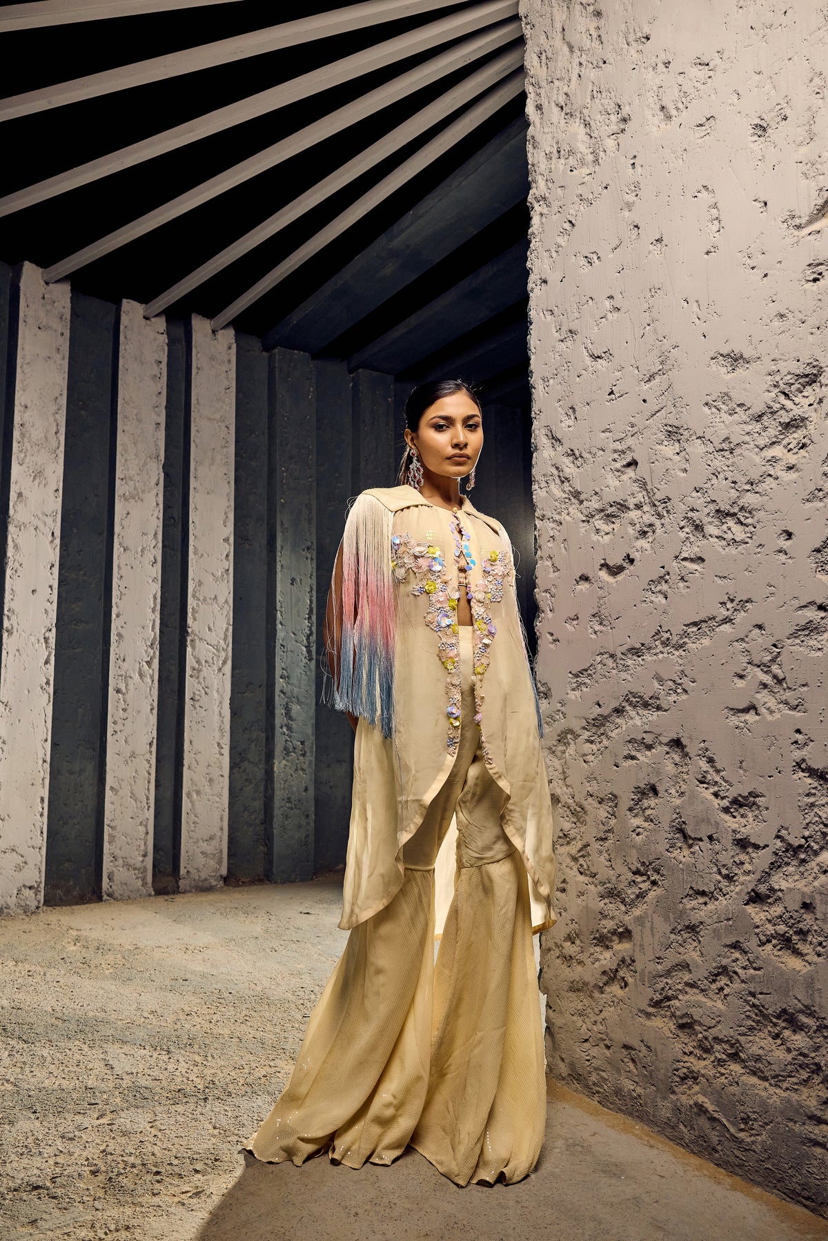 IVORY EMBELLISHED HAND WORK SHRUG WITH PANT   -   SOT 15
