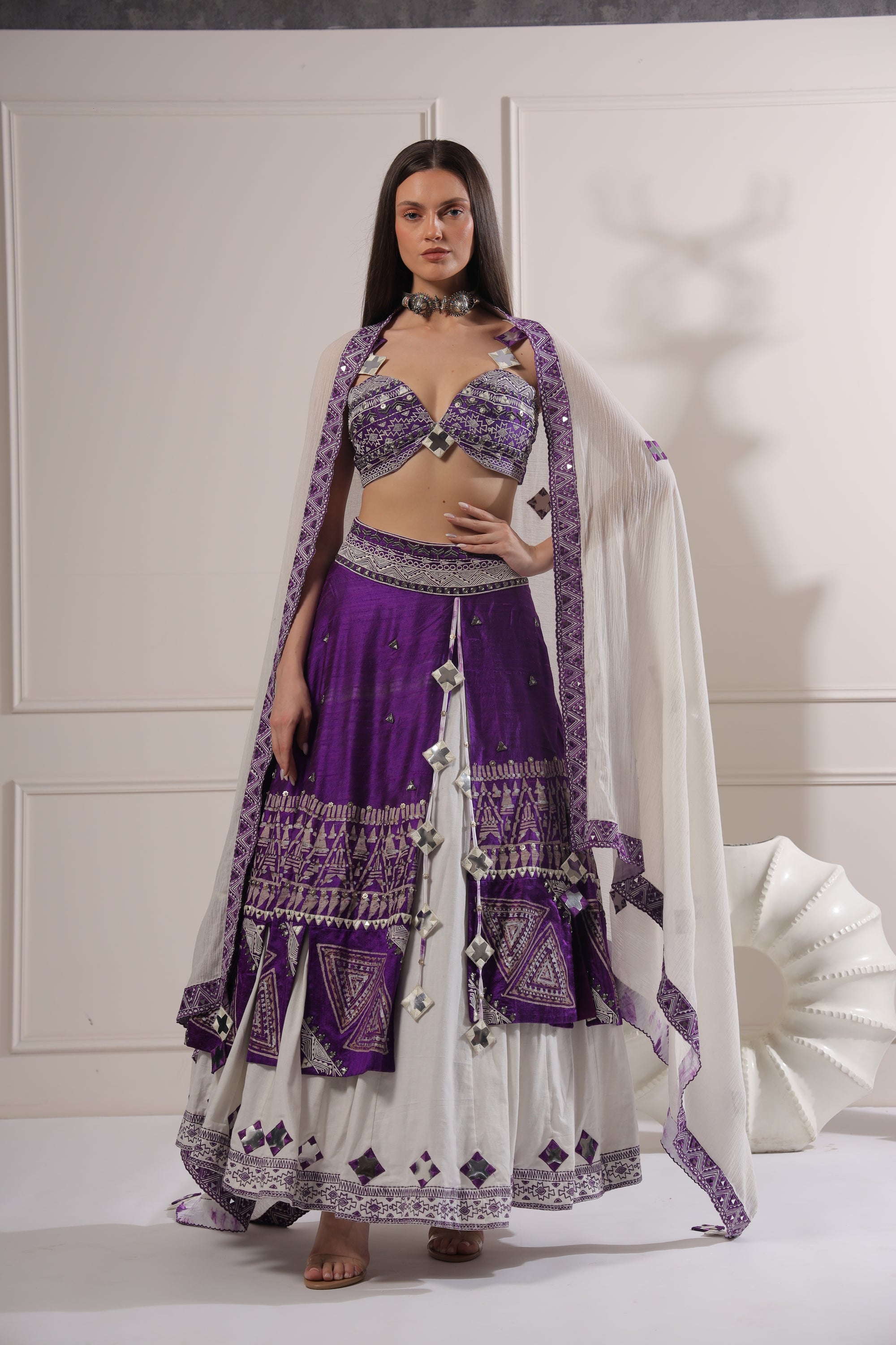 White & Purple Embroided Lehenga Set-   Z12