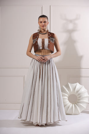 Brown Embroided Crop Jacket Embroided Set-   Z11