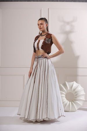 Brown Embroided Crop Jacket Embroided Set-   Z11