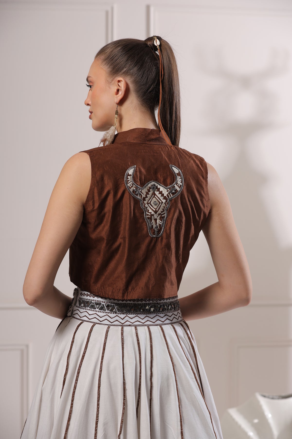 Brown Embroided Crop Jacket Embroided Set-   Z11