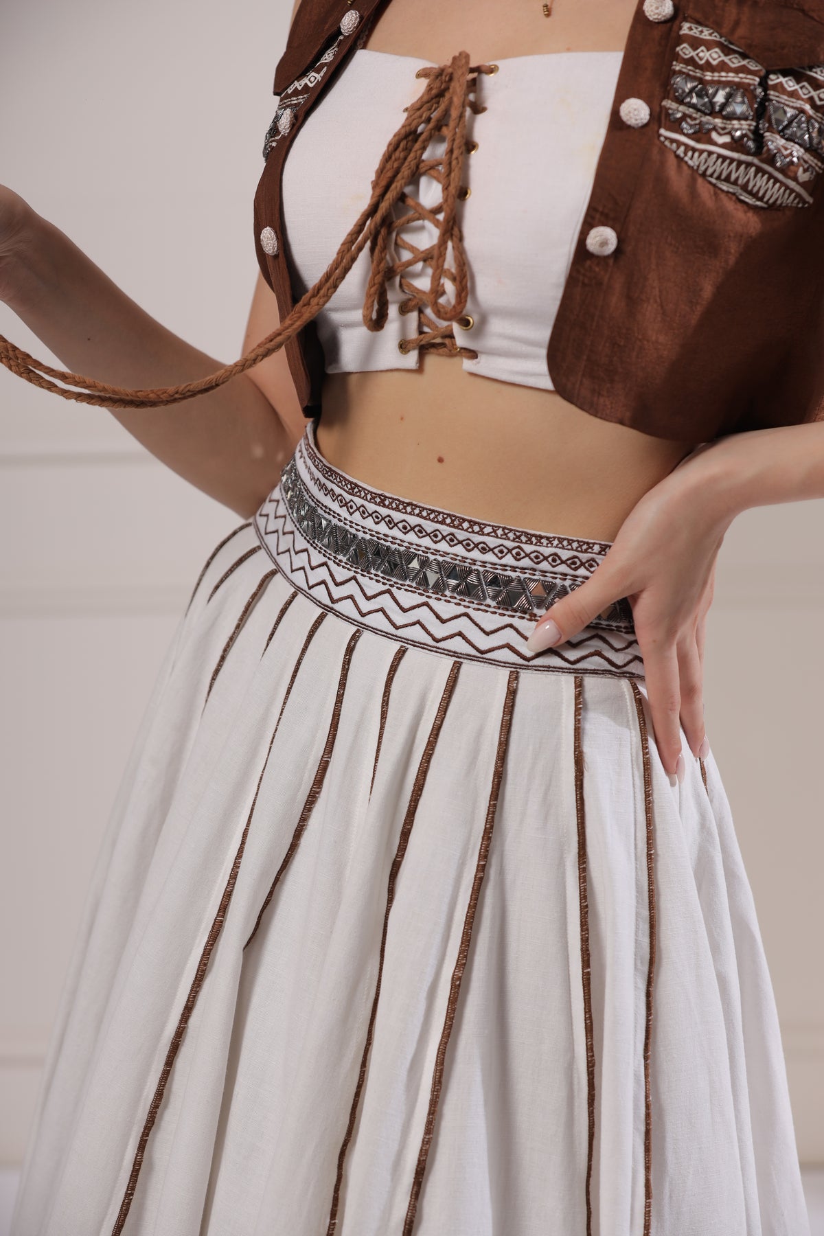 Brown Embroided Crop Jacket Embroided Set-   Z11