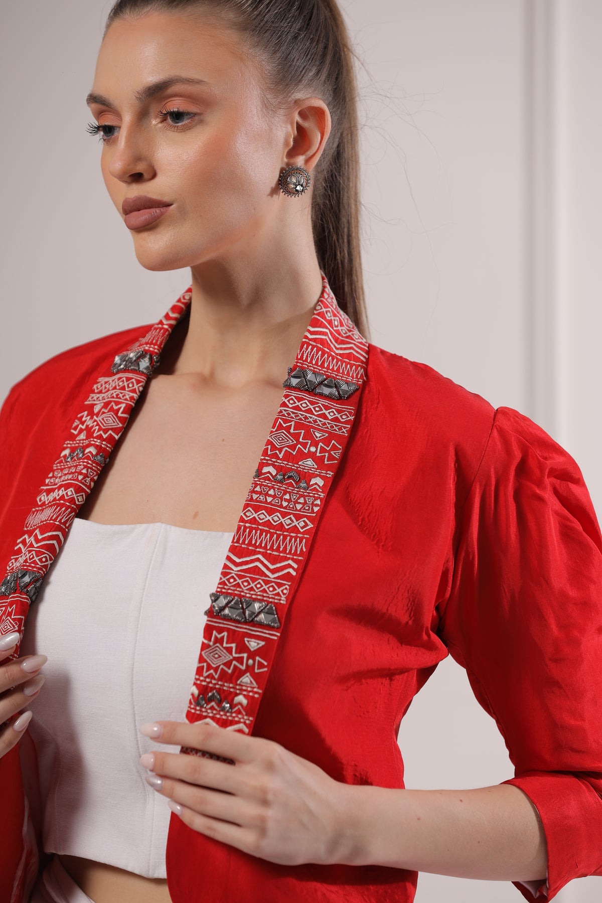 Zyanya Red Embroided Blazer Set-   Z2