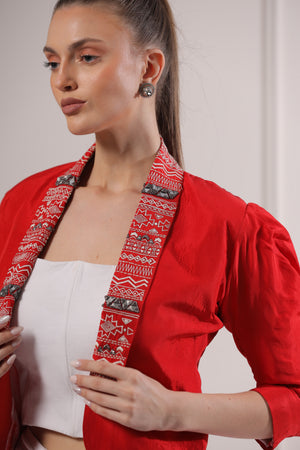 Zyanya Red Embroided Blazer Set-   Z2