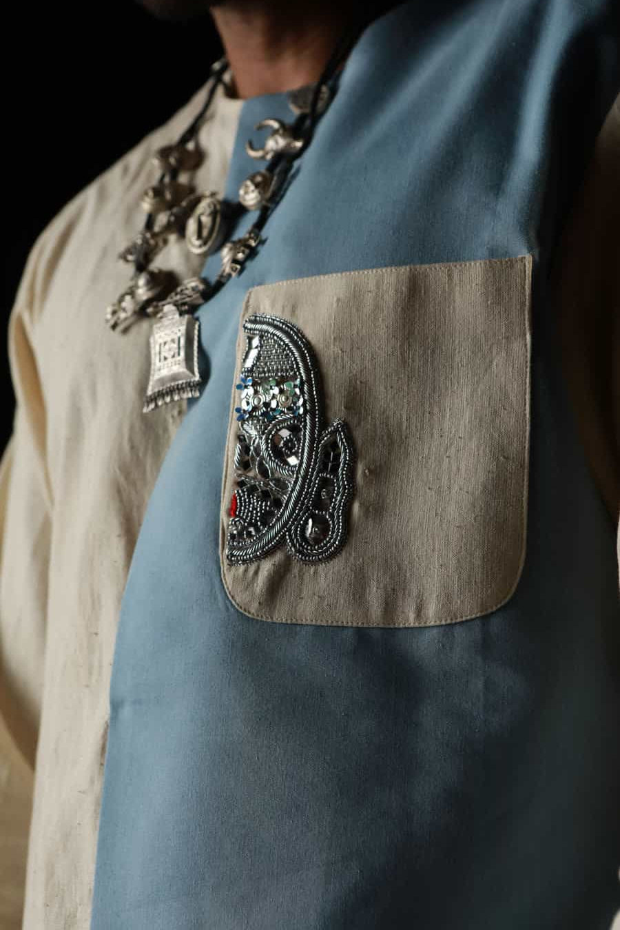 Men's Khadi and denim paneled kurta with denim pants-   DDM 70