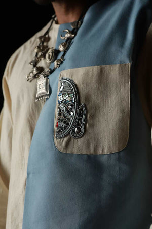 Men's Khadi and denim paneled kurta with denim pants-   DDM 70