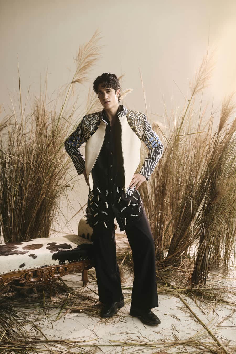 Menswear black silk kurta and pants with khadi jacket-   ITW 21