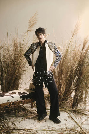 Menswear black silk kurta and pants with khadi jacket-   ITW 21