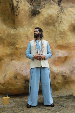 Men’s khadi jacket with sheer shirt & denim wide-leg pants-   DDM 67