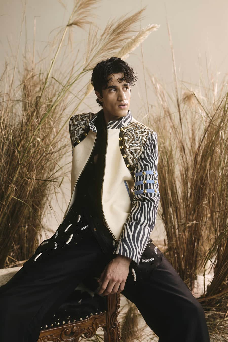 Menswear black silk kurta and pants with khadi jacket-   ITW 21