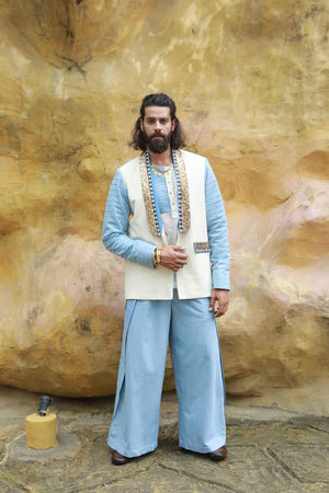 Men’s khadi jacket with sheer shirt & denim wide-leg pants-   DDM 67