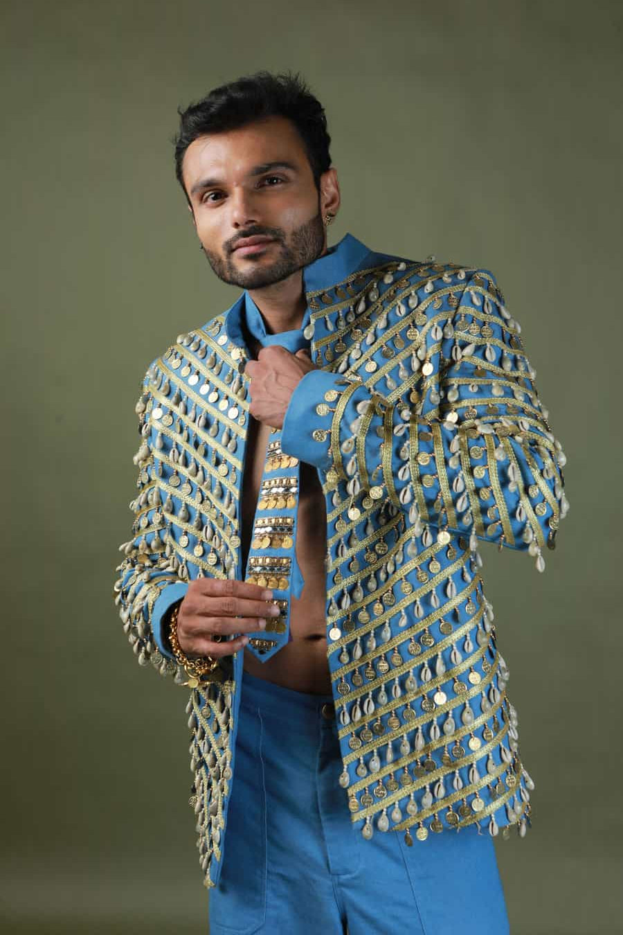 Denim men's jacket and denim tie with denim cargo pants-   DDM 76