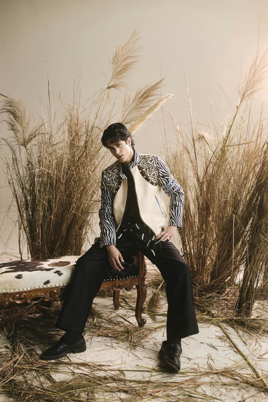 Menswear black silk kurta and pants with khadi jacket-   ITW 21
