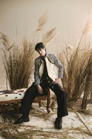 Menswear black silk kurta and pants with khadi jacket-   ITW 21