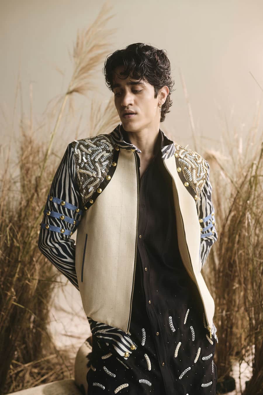 Menswear black silk kurta and pants with khadi jacket-   ITW 21