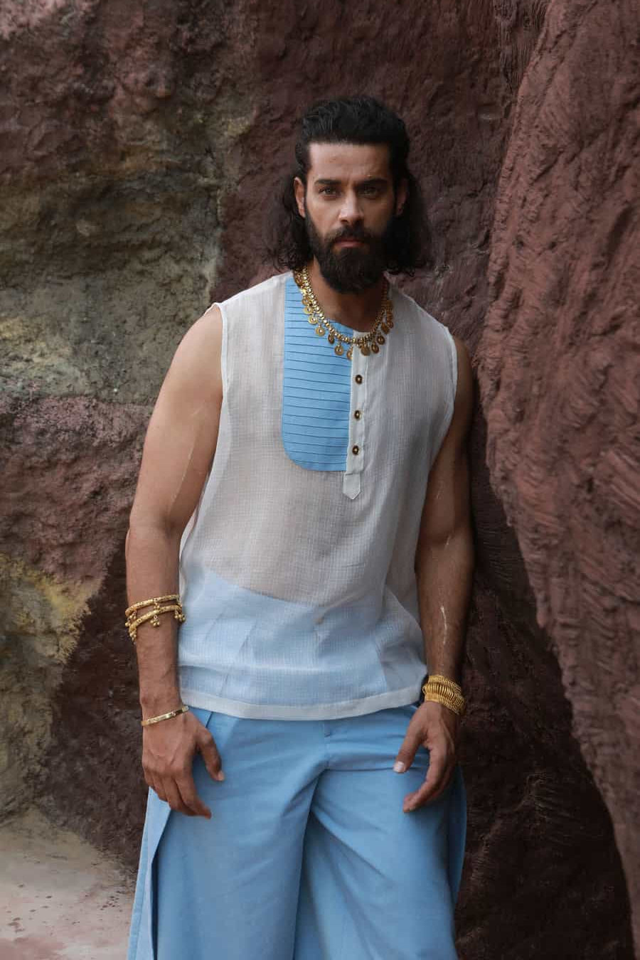 Men’s khadi jacket with sheer shirt & denim wide-leg pants-   DDM 67