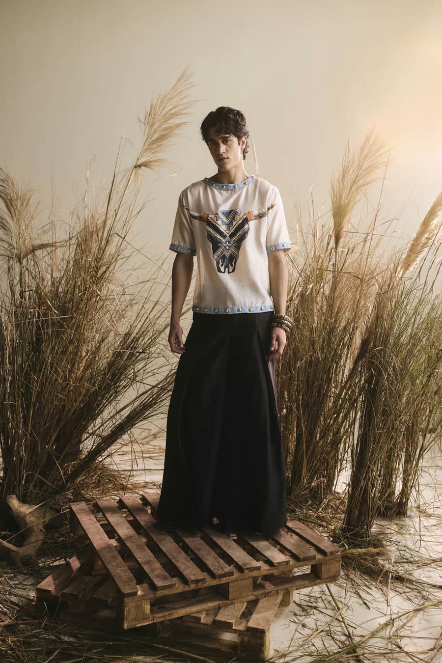 Ivory hand painted bull motif t-shirt with silk pants-   ITW 22