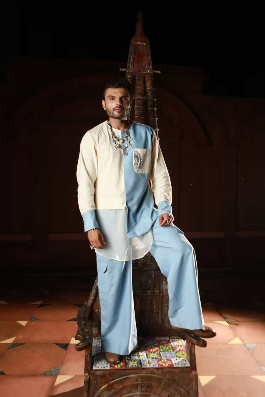 Men's Khadi and denim paneled kurta with denim pants-   DDM 70