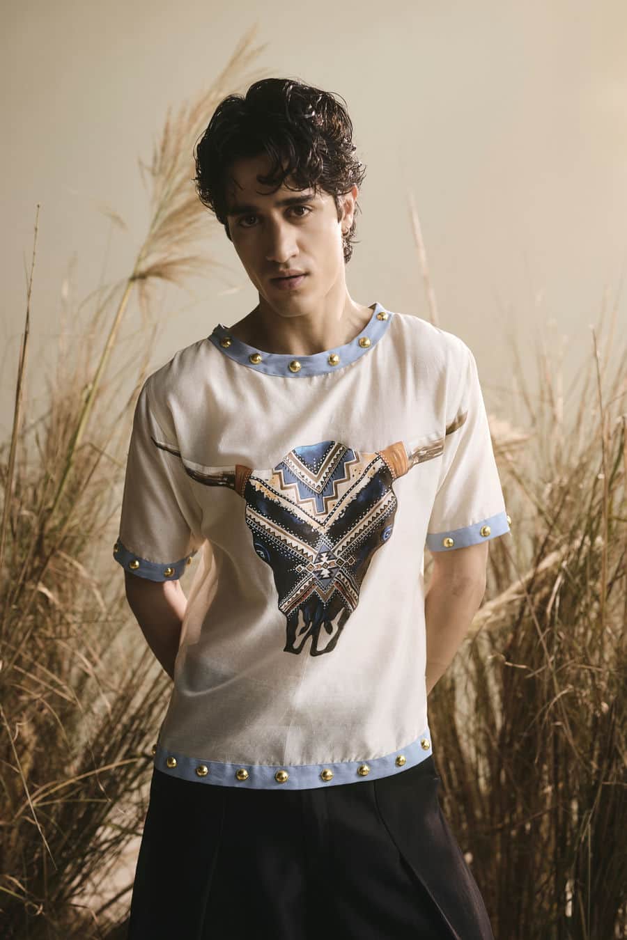 Ivory hand painted bull motif t-shirt with silk pants-   ITW 22