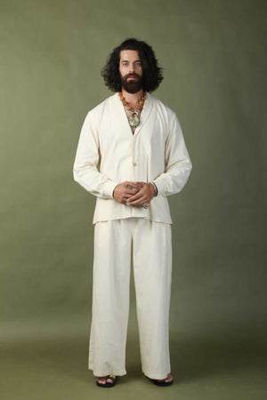 Men’s kota doria hand painted shrug with khadi short kurta and pants-   DDM 71