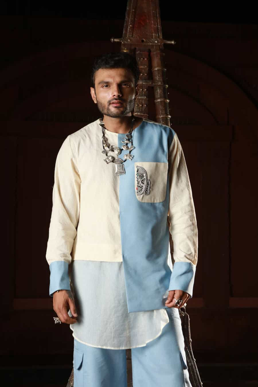 Men's Khadi and denim paneled kurta with denim pants-   DDM 70