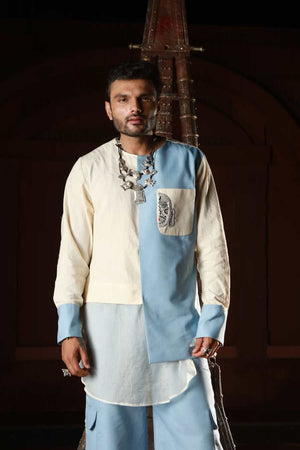 Men's Khadi and denim paneled kurta with denim pants-   DDM 70