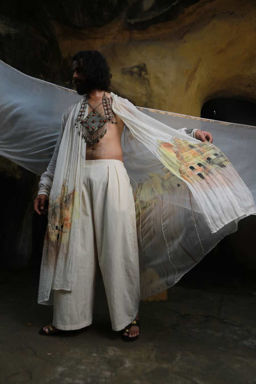 Men’s kota doria hand painted shrug with khadi short kurta and pants-   DDM 71