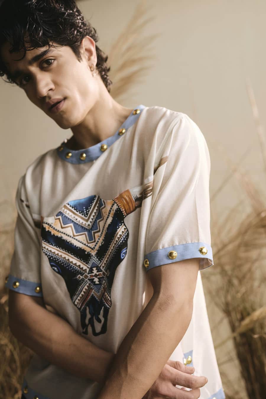 Ivory hand painted bull motif t-shirt with silk pants-   ITW 22