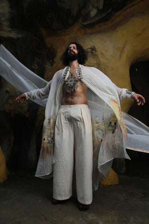 Men’s kota doria hand painted shrug with khadi short kurta and pants-   DDM 71