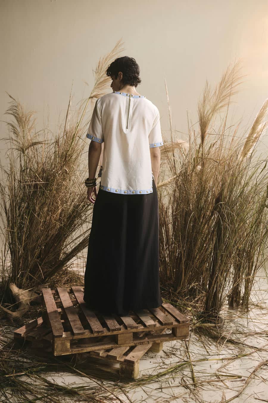 Ivory hand painted bull motif t-shirt with silk pants-   ITW 22