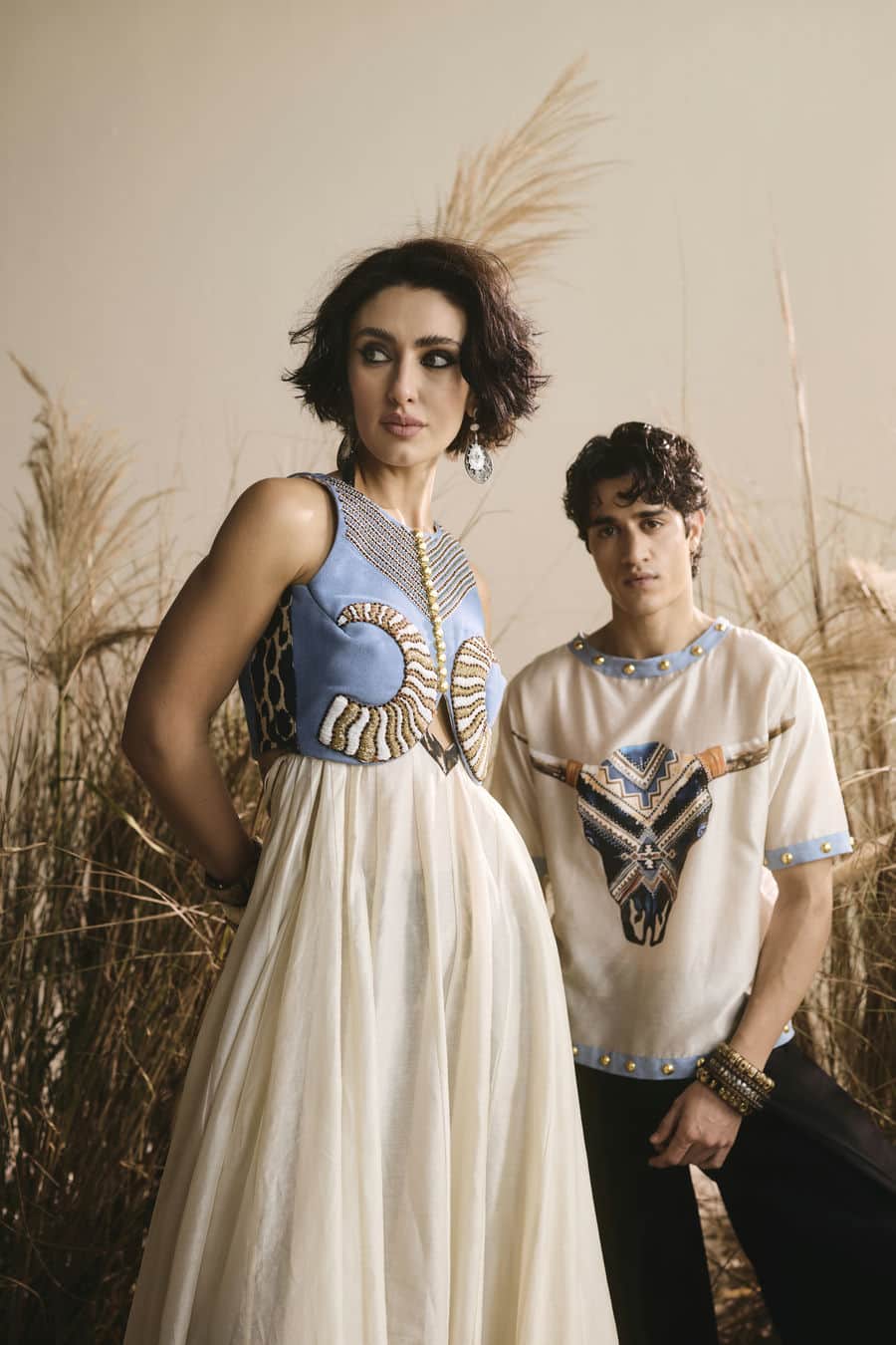 Ivory hand painted bull motif t-shirt with silk pants-   ITW 22