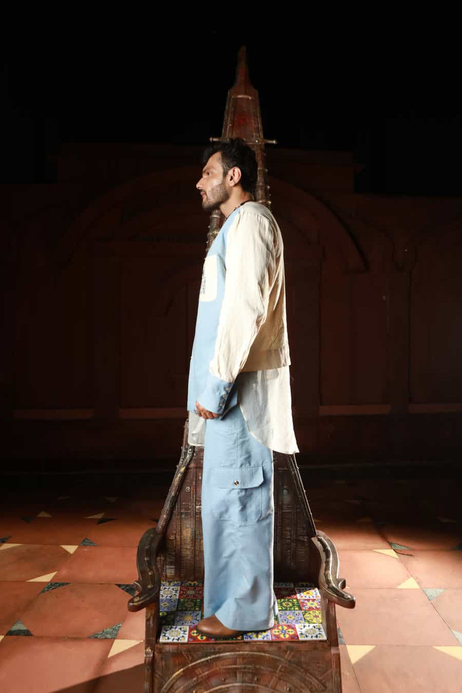 Men's Khadi and denim paneled kurta with denim pants-   DDM 70